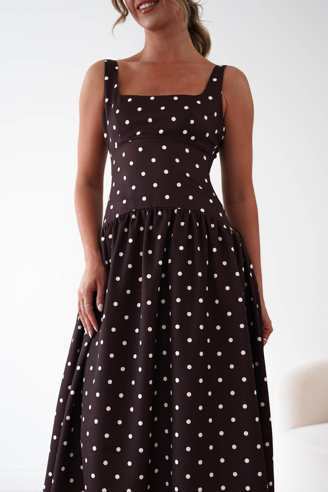 Lorna Square Neck Polka Dot Midi Dress | Brown