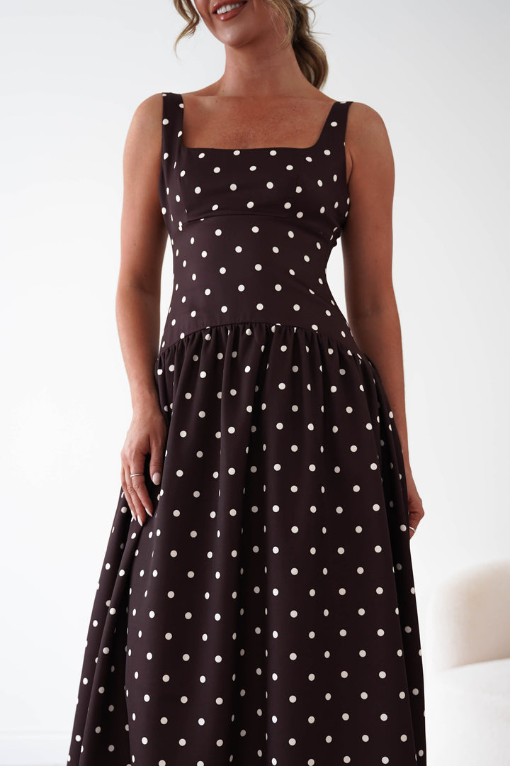 Lorna Square Neck Polka Dot Midi Dress | Brown
