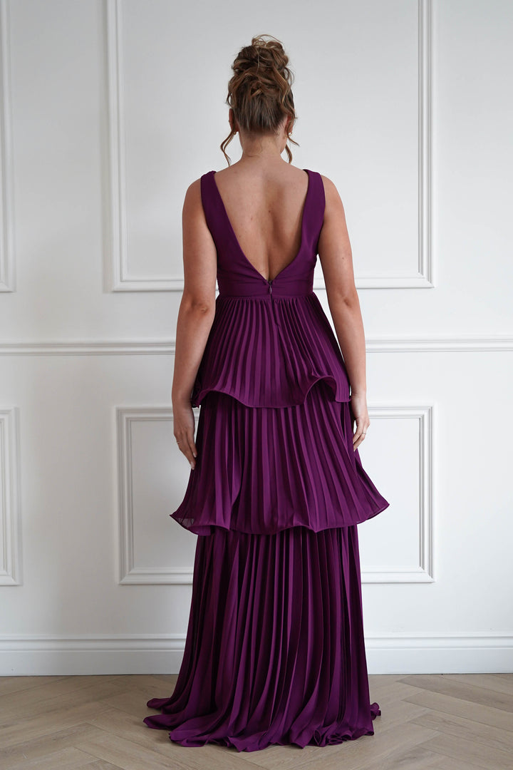 Vina Tiered Pleated Layered Maxi Dress | Plum