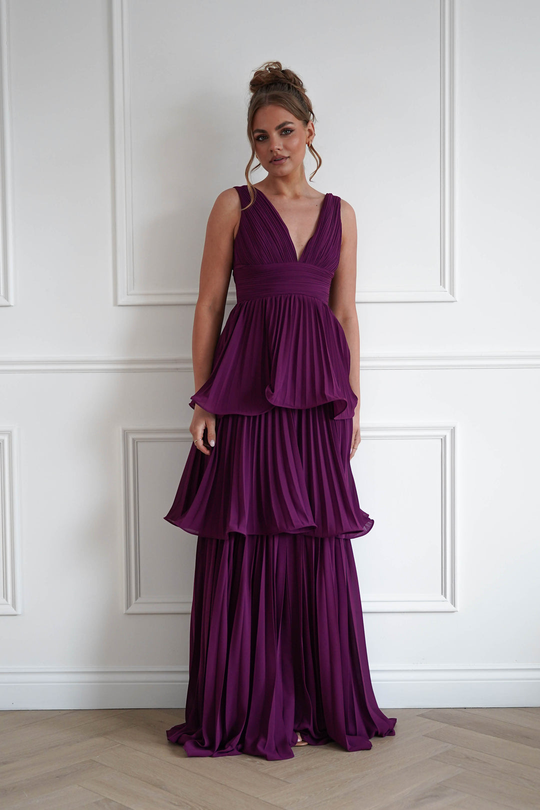 Vina Tiered Pleated Layered Maxi Dress | Plum