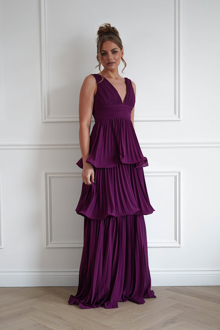 Vina Tiered Pleated Layered Maxi Dress | Plum