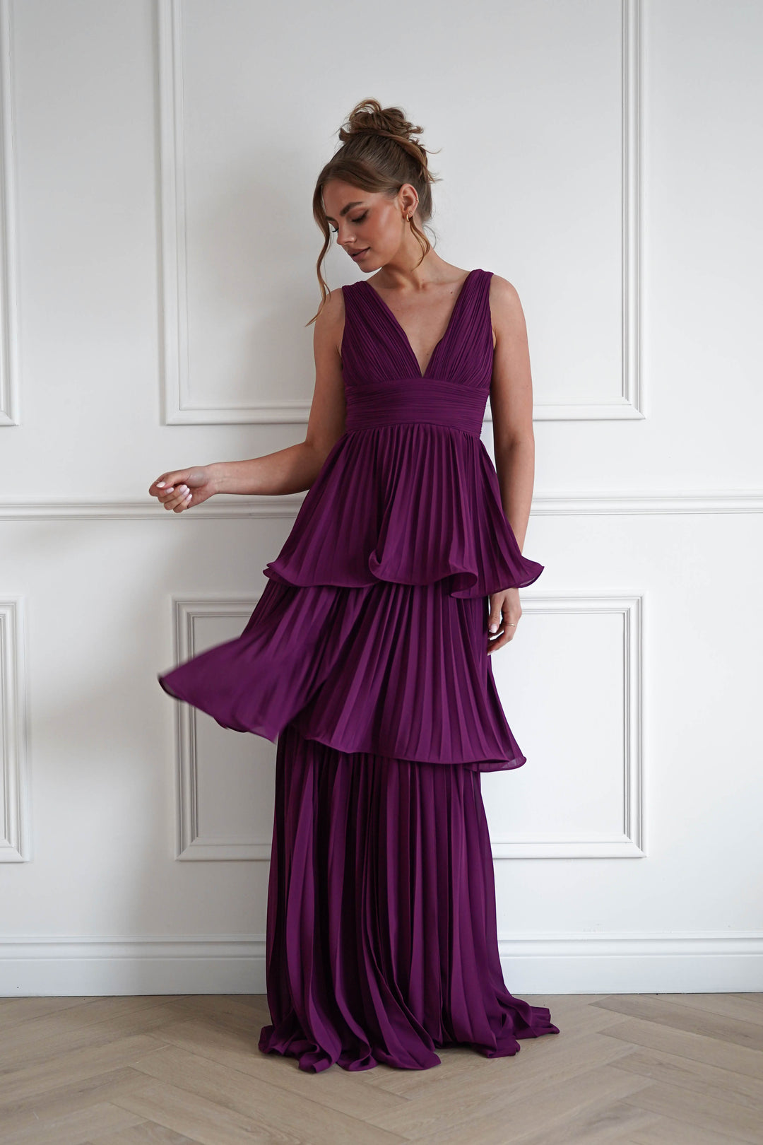 Vina Tiered Pleated Layered Maxi Dress | Plum