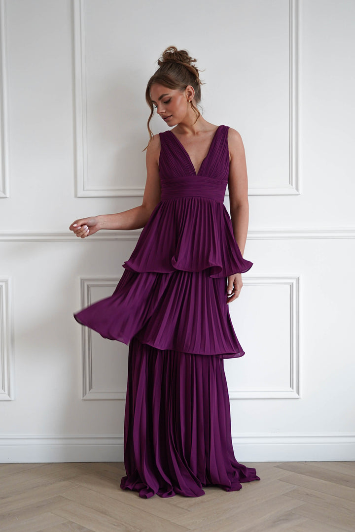 Vina Tiered Pleated Layered Maxi Dress | Plum