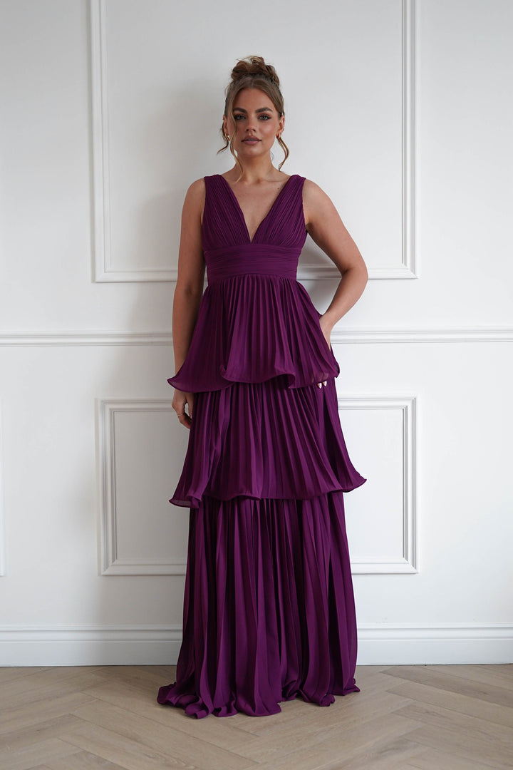 Vina Tiered Pleated Layered Maxi Dress | Plum