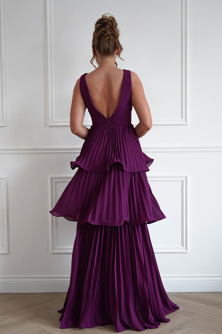 Vina Tiered Pleated Layered Maxi Dress | Plum
