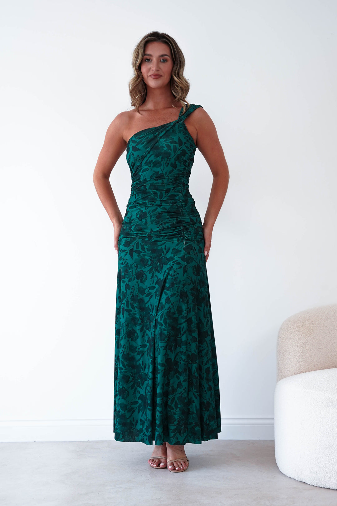 Jessie Floral Print Ruched Maxi Dress | Green