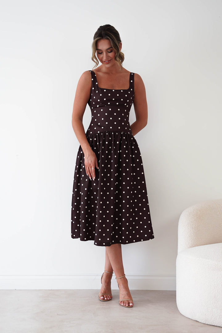 Lorna Square Neck Polka Dot Midi Dress | Brown