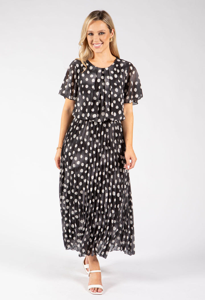 Polka Dot Plisse Pleated Midi Dress