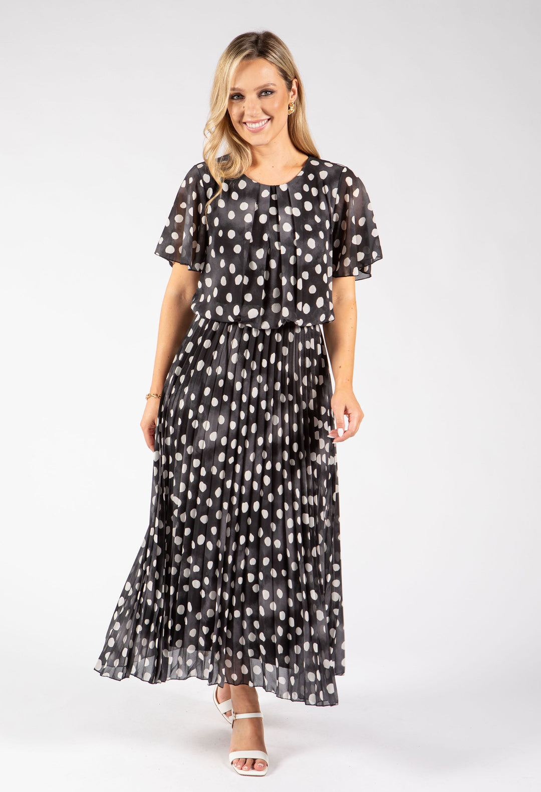 Polka Dot Plisse Pleated Midi Dress