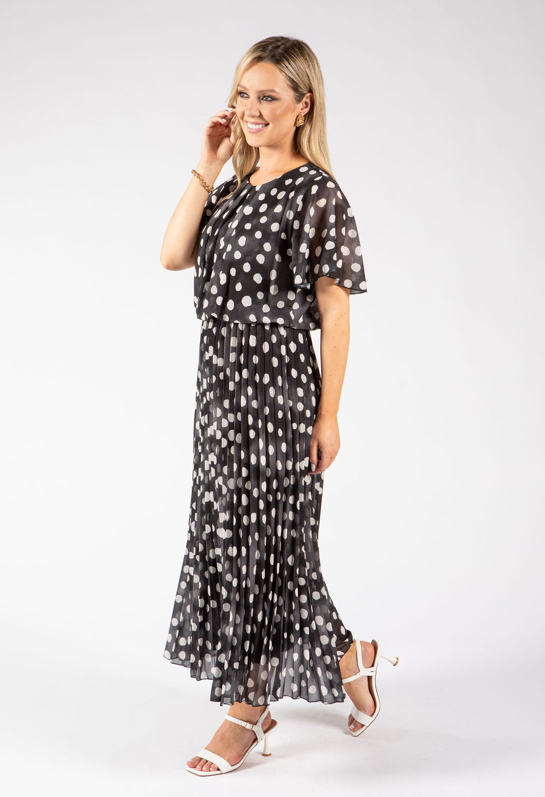 Polka Dot Plisse Pleated Midi Dress