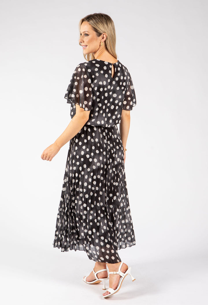 Polka Dot Plisse Pleated Midi Dress