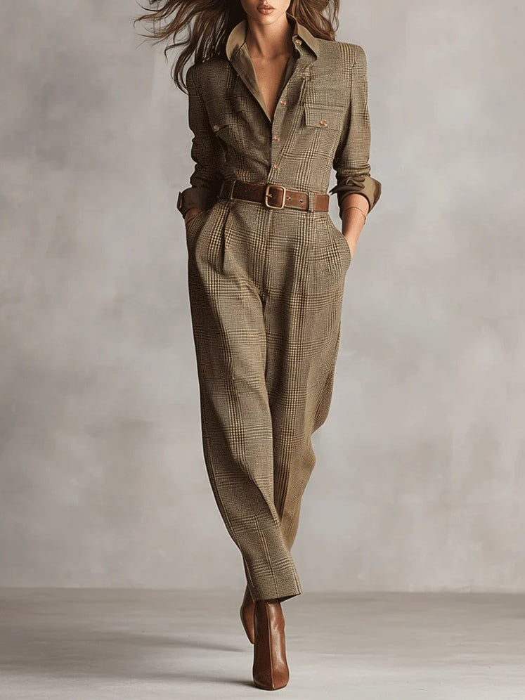 Brown Checked Tweed Utility Jumpsuit Rowena™