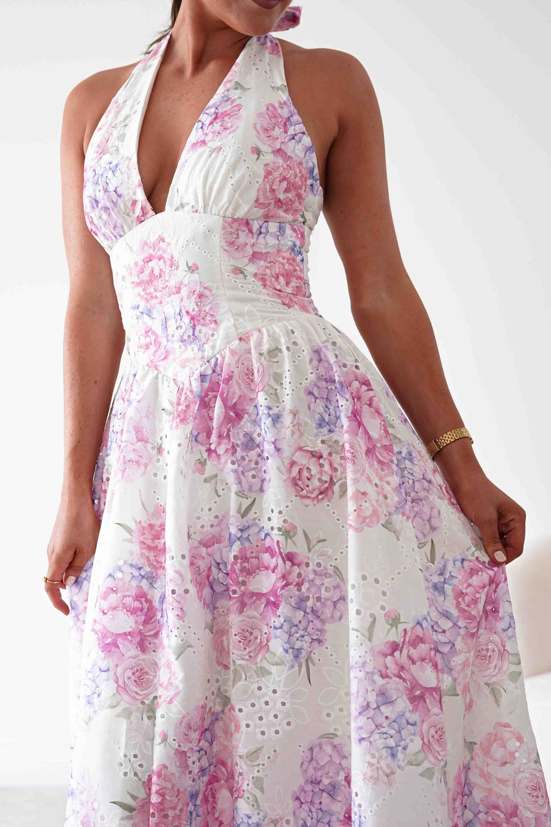 Alicia Broderie Floral Halterneck Midaxi Dress | White/Pink