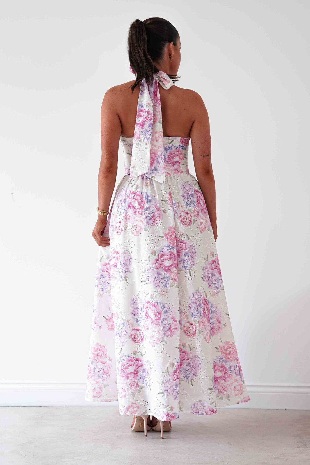 Alicia Broderie Floral Halterneck Midaxi Dress | White/Pink