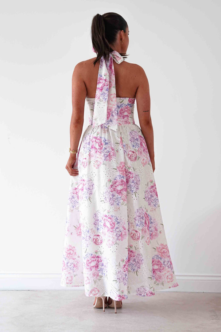 Alicia Broderie Floral Halterneck Midaxi Dress | White/Pink
