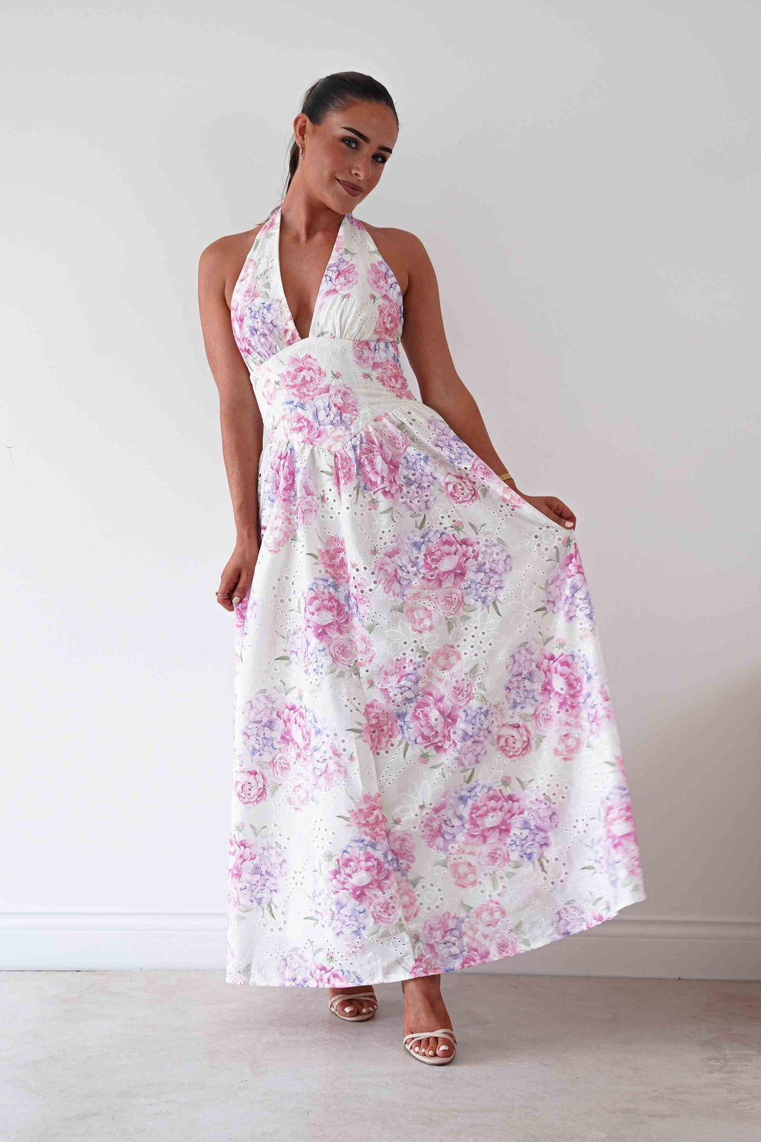 Alicia Broderie Floral Halterneck Midaxi Dress | White/Pink
