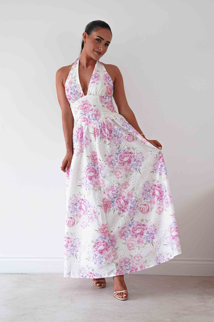 Alicia Broderie Floral Halterneck Midaxi Dress | White/Pink
