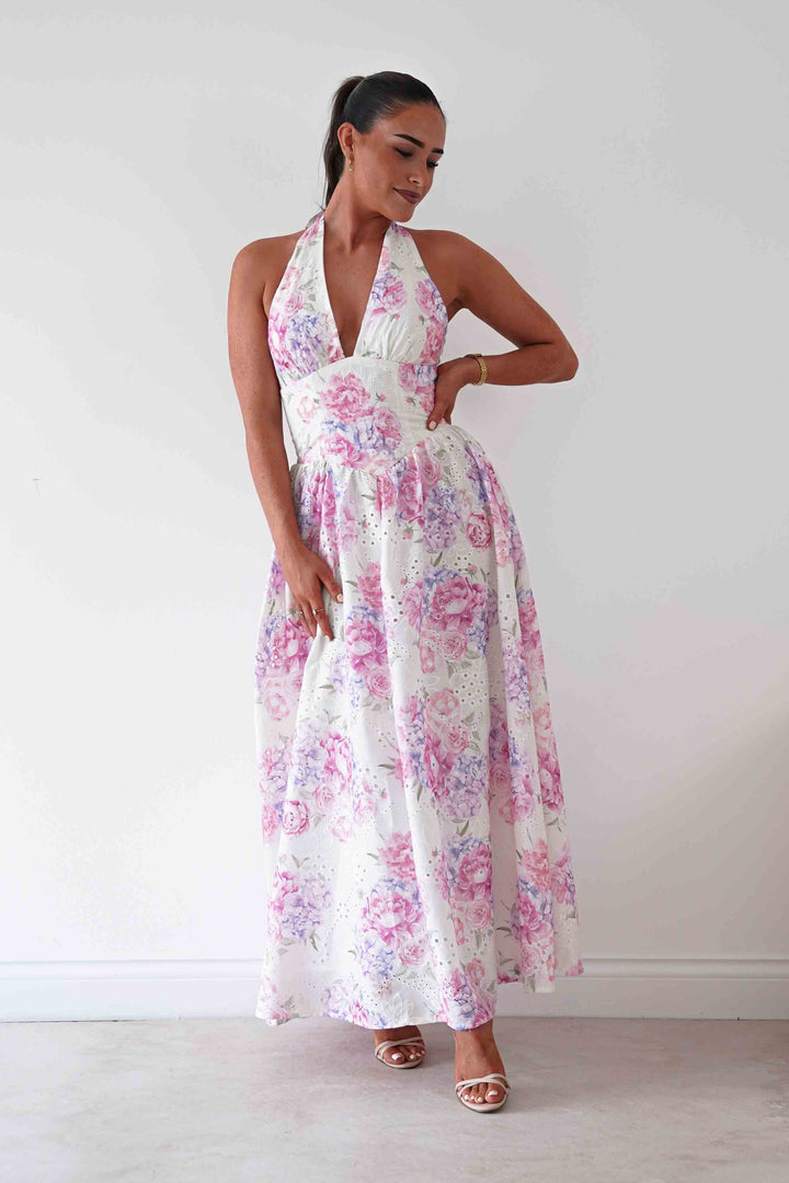 Alicia Broderie Floral Halterneck Midaxi Dress | White/Pink