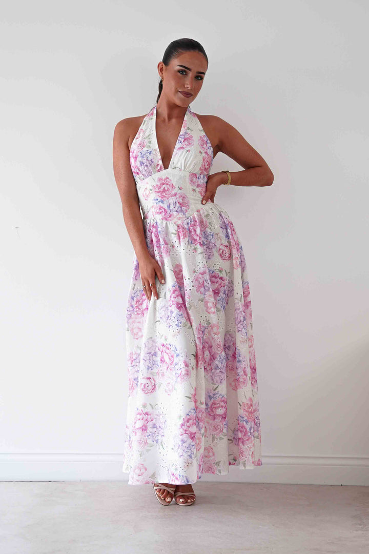 Alicia Broderie Floral Halterneck Midaxi Dress | White/Pink