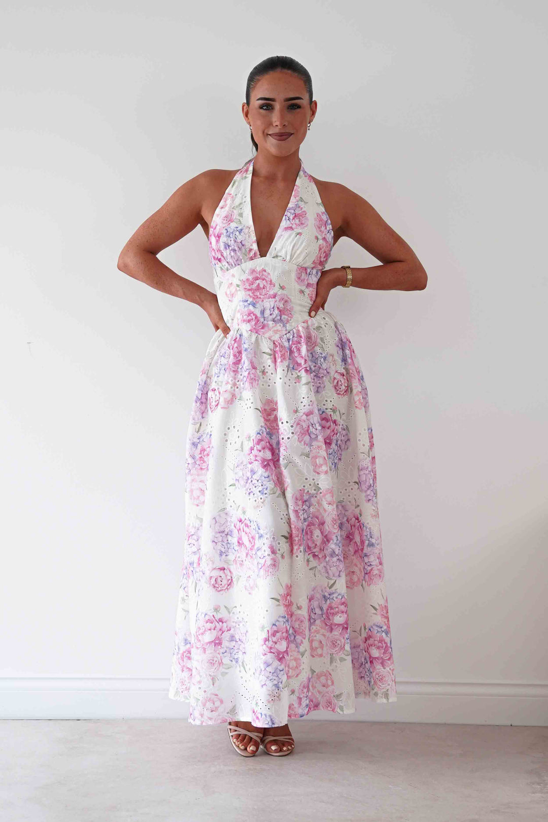 Alicia Broderie Floral Halterneck Midaxi Dress | White/Pink
