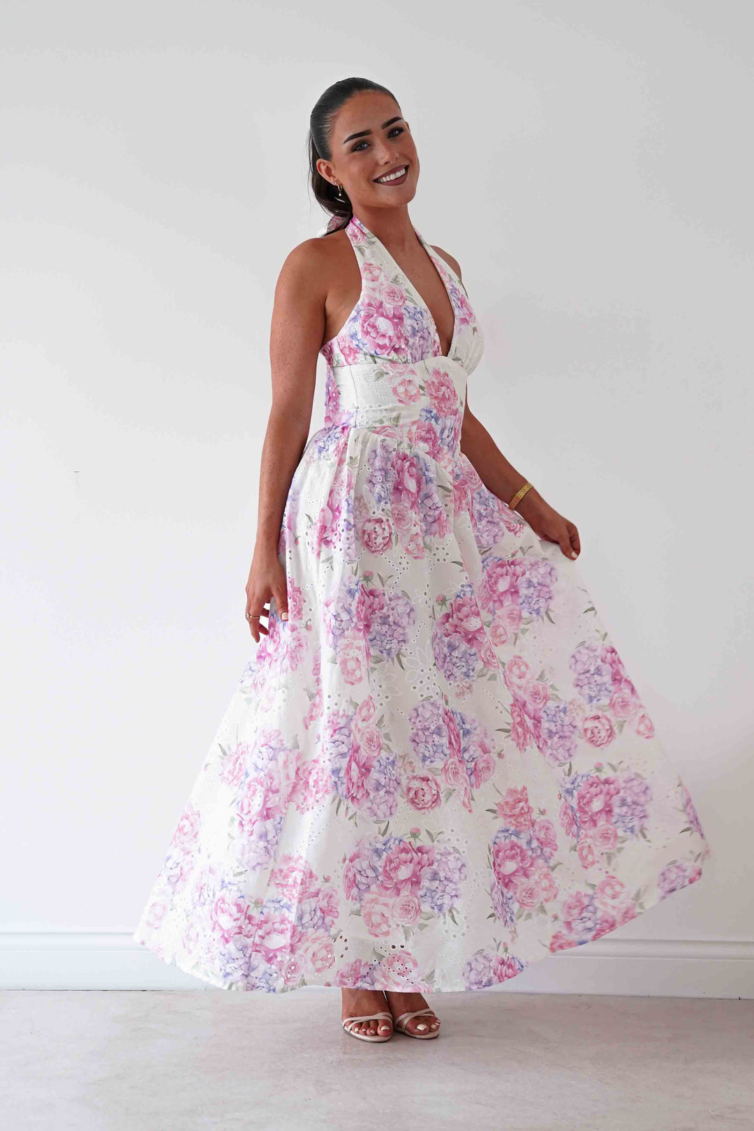 Alicia Broderie Floral Halterneck Midaxi Dress | White/Pink