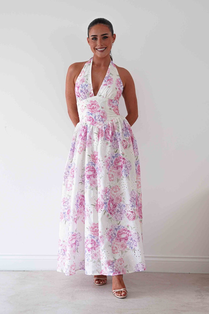Alicia Broderie Floral Halterneck Midaxi Dress | White/Pink