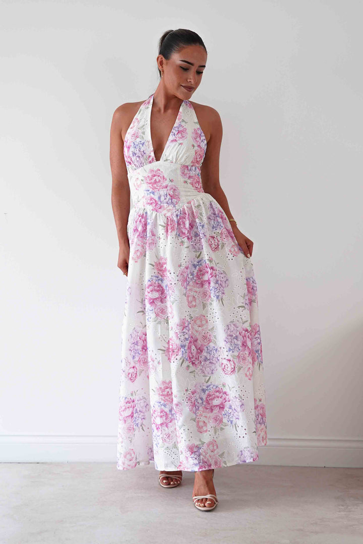 Alicia Broderie Floral Halterneck Midaxi Dress | White/Pink