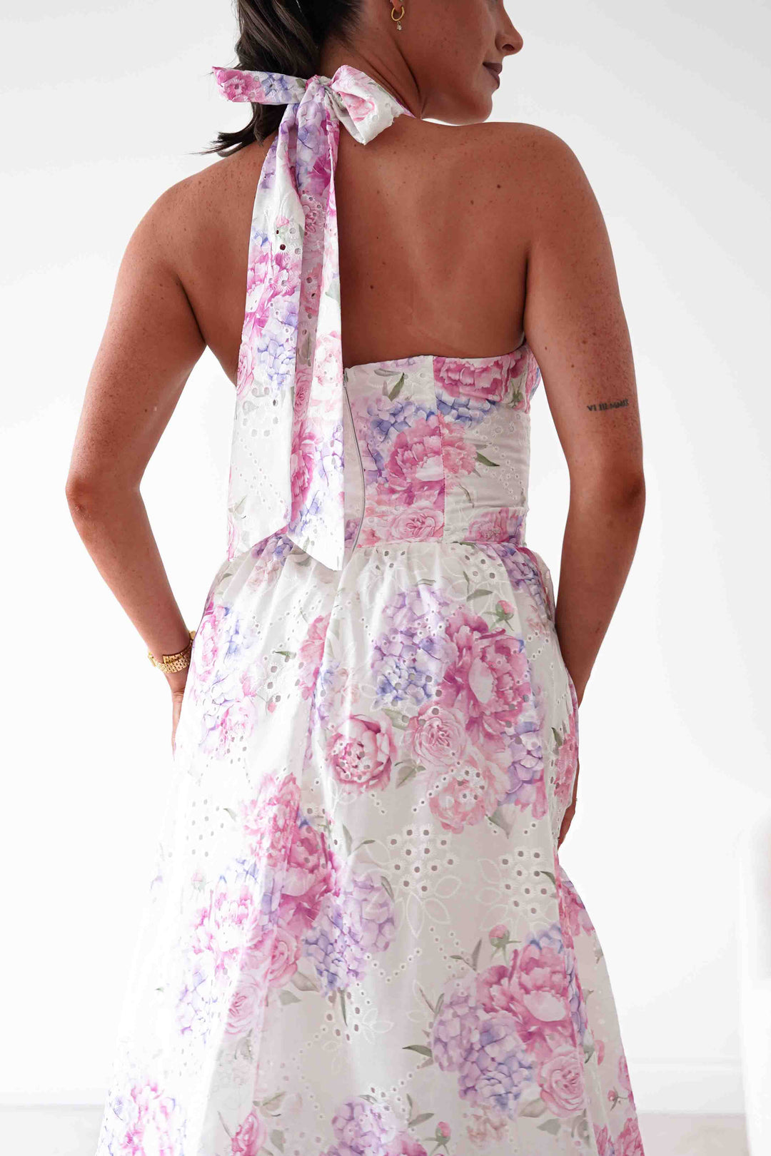 Alicia Broderie Floral Halterneck Midaxi Dress | White/Pink