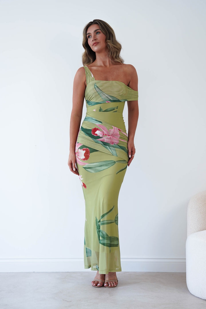 Cancun Floral Print Mesh Maxi Dress | Green