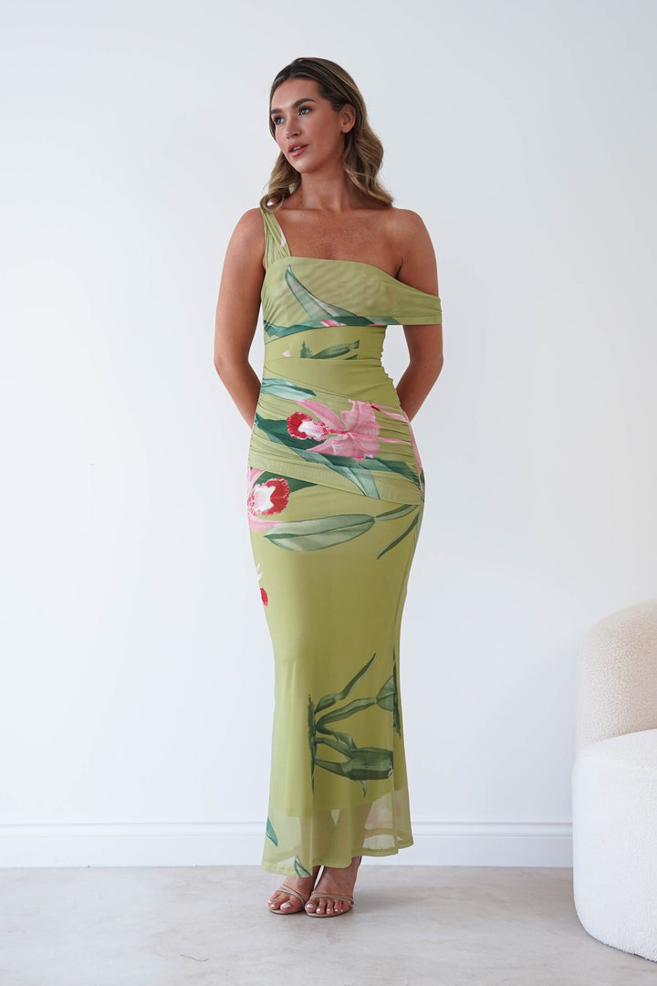 Cancun Floral Print Mesh Maxi Dress | Green