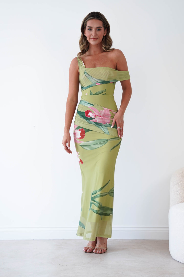 Cancun Floral Print Mesh Maxi Dress | Green