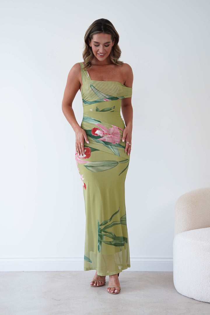 Cancun Floral Print Mesh Maxi Dress | Green