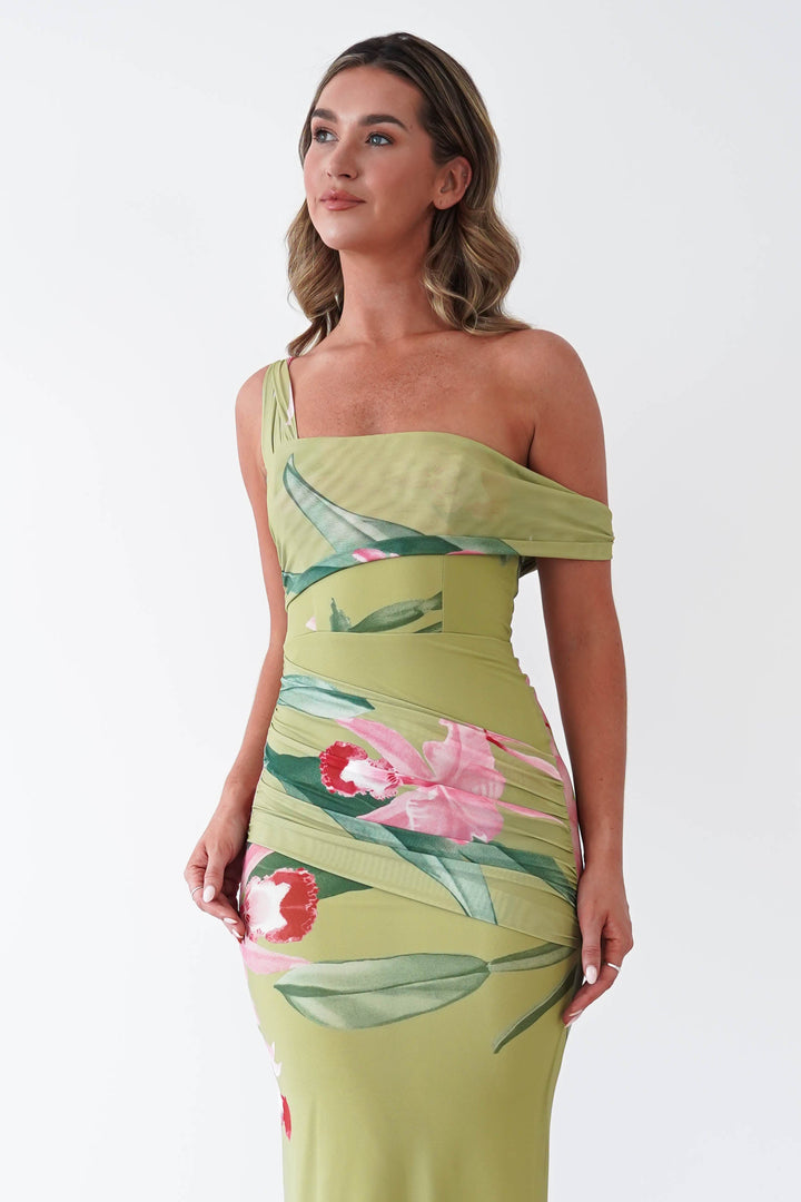 Cancun Floral Print Mesh Maxi Dress | Green
