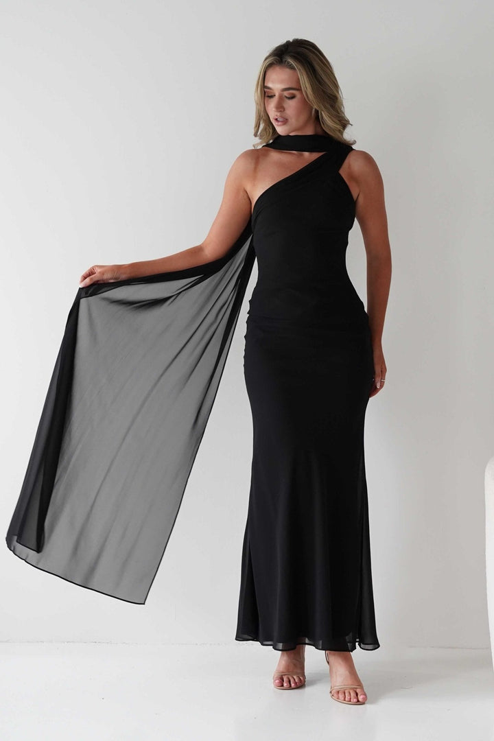Hathaway Chiffon Drape Maxi Dress | Black
