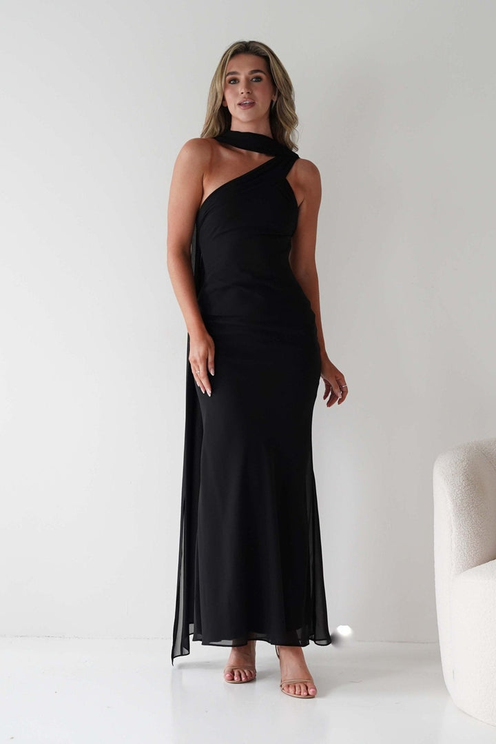 Hathaway Chiffon Drape Maxi Dress | Black