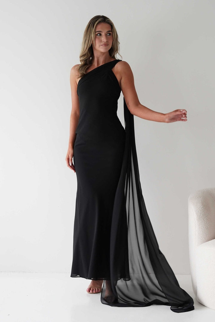 Hathaway Chiffon Drape Maxi Dress | Black
