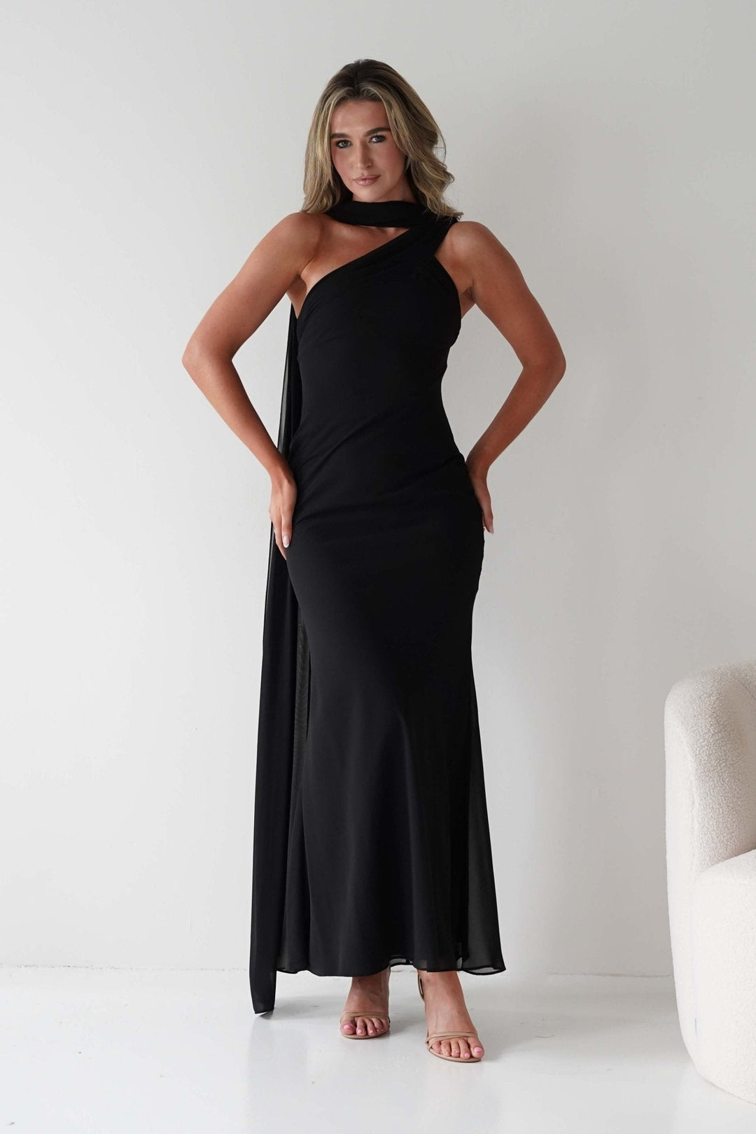 Hathaway Chiffon Drape Maxi Dress | Black