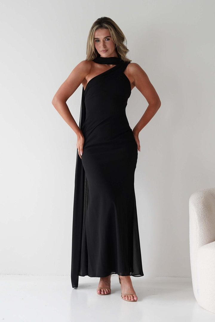Hathaway Chiffon Drape Maxi Dress | Black