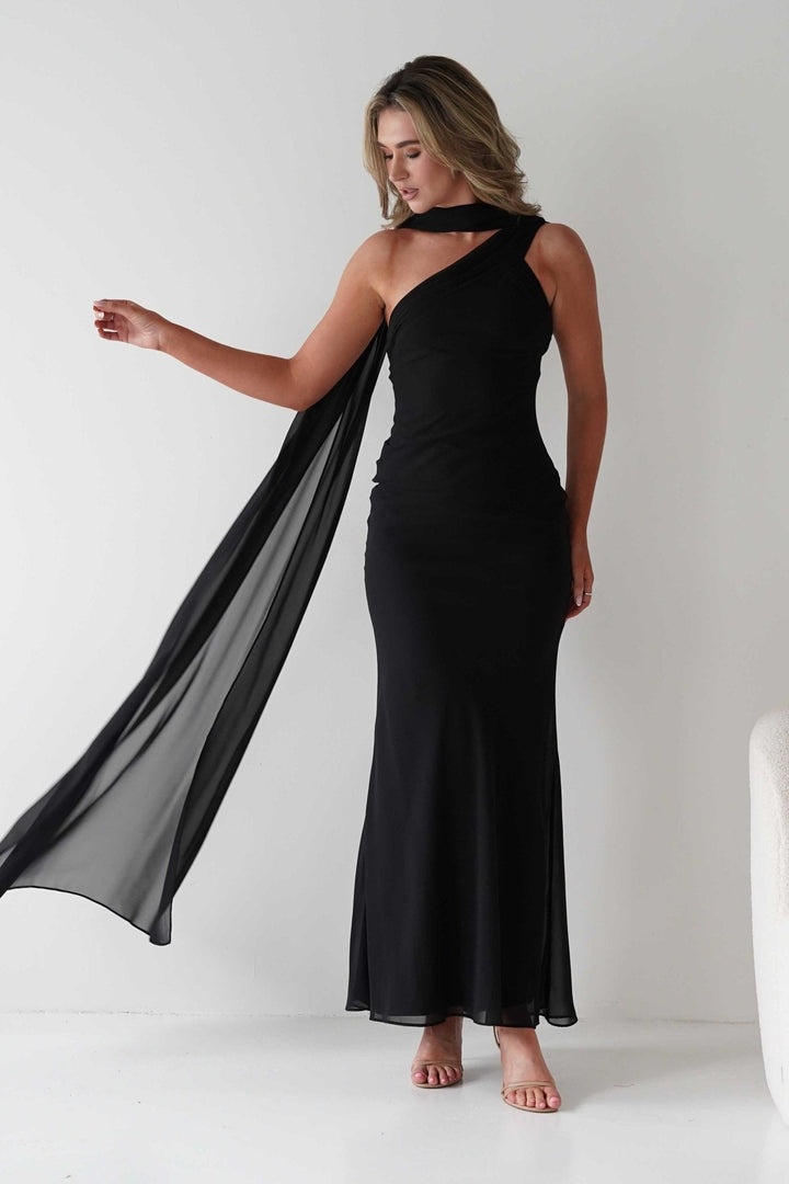 Hathaway Chiffon Drape Maxi Dress | Black