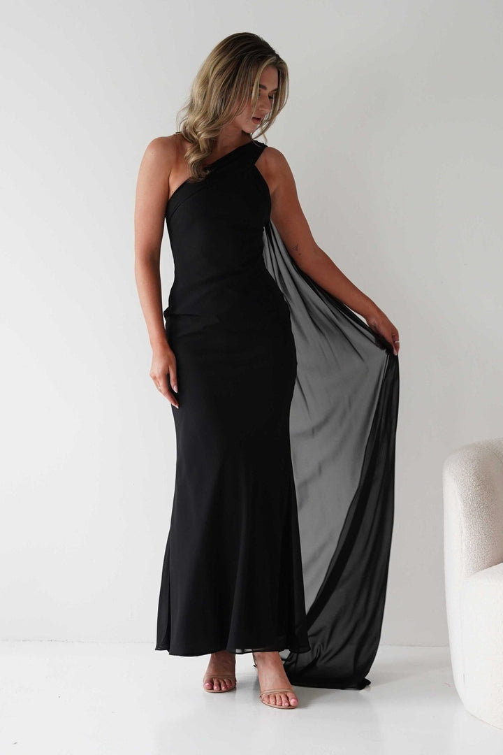Hathaway Chiffon Drape Maxi Dress | Black