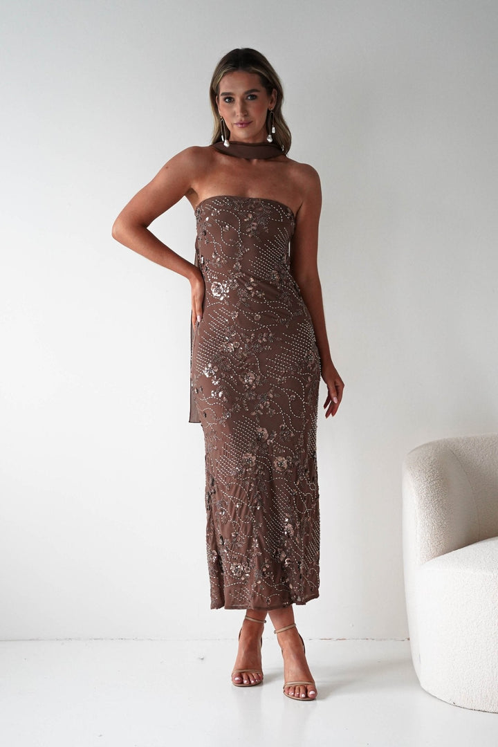 Hayleigh Beaded Strapless Maxi Dress | Brown