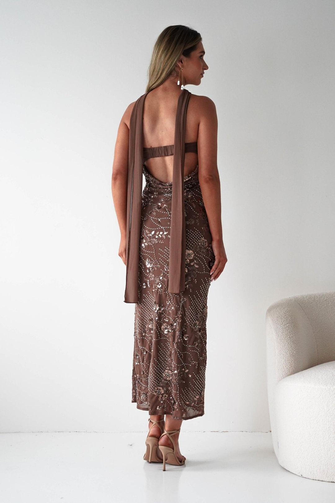 Hayleigh Beaded Strapless Maxi Dress | Brown