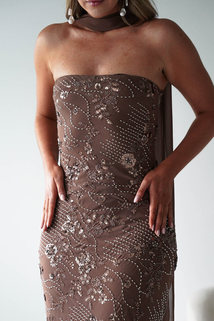 Hayleigh Beaded Strapless Maxi Dress | Brown