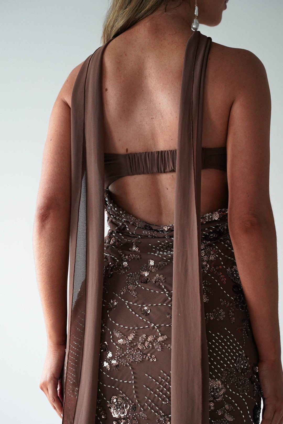 Hayleigh Beaded Strapless Maxi Dress | Brown