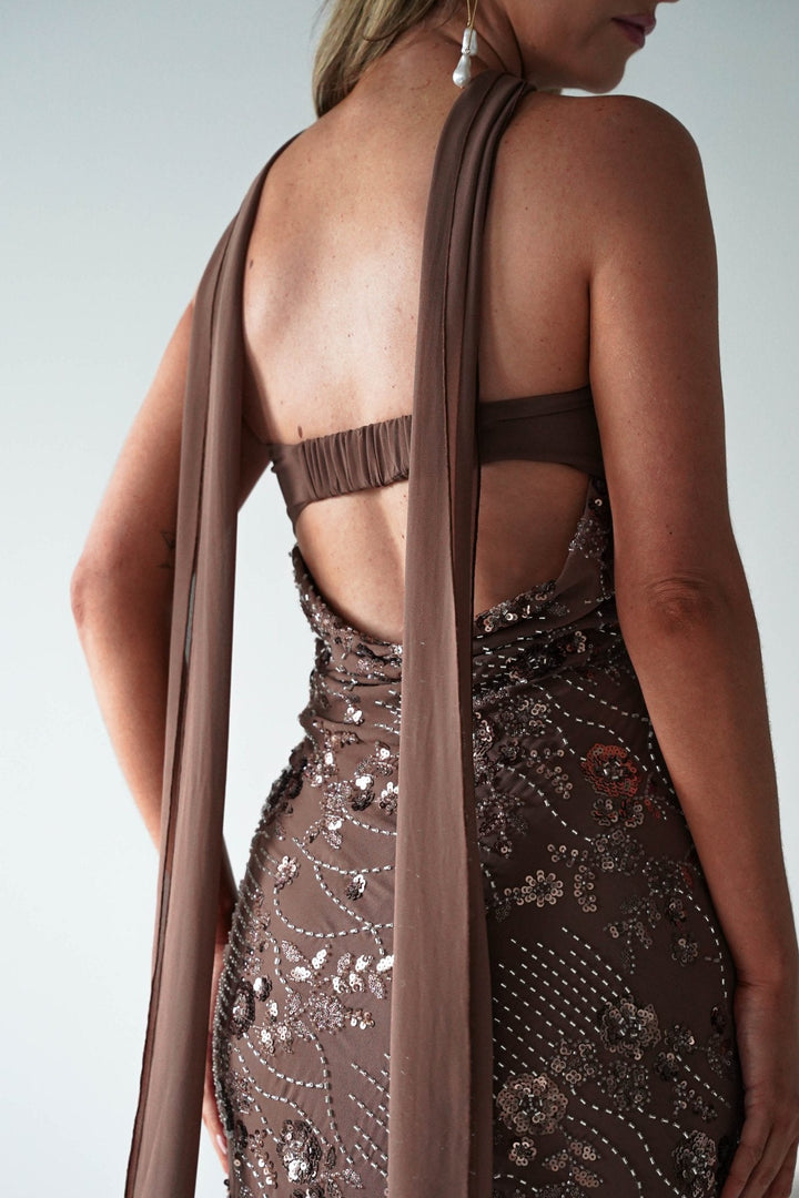 Hayleigh Beaded Strapless Maxi Dress | Brown