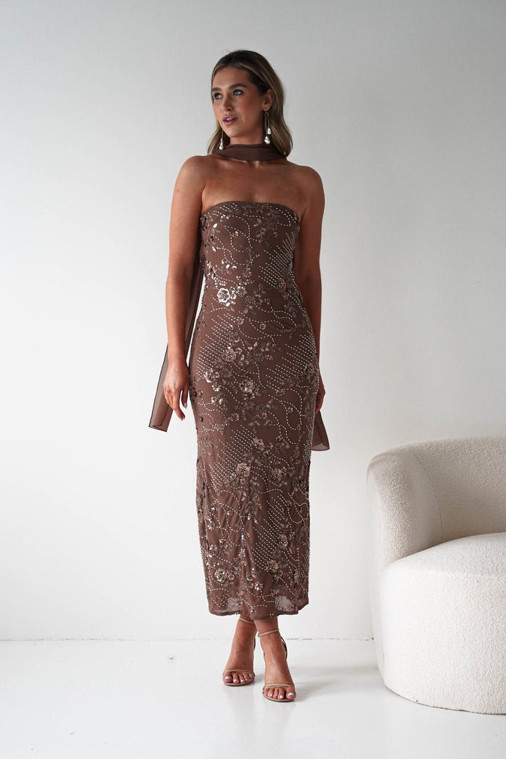 Hayleigh Beaded Strapless Maxi Dress | Brown