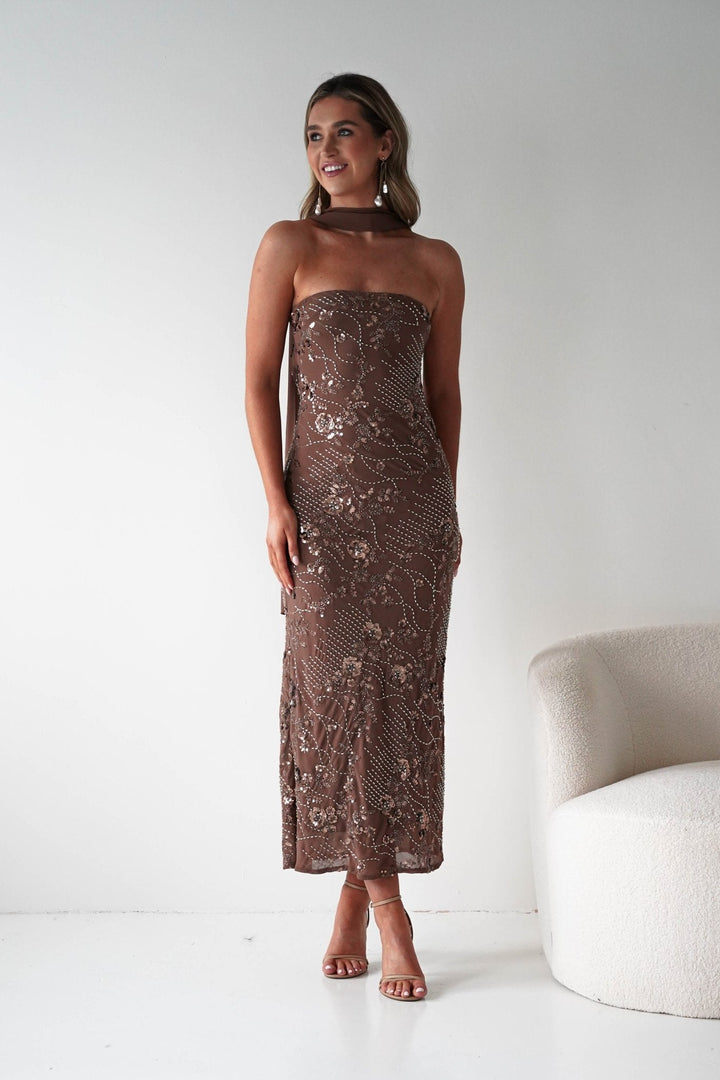 Hayleigh Beaded Strapless Maxi Dress | Brown