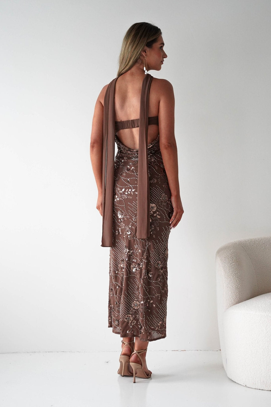 Hayleigh Beaded Strapless Maxi Dress | Brown
