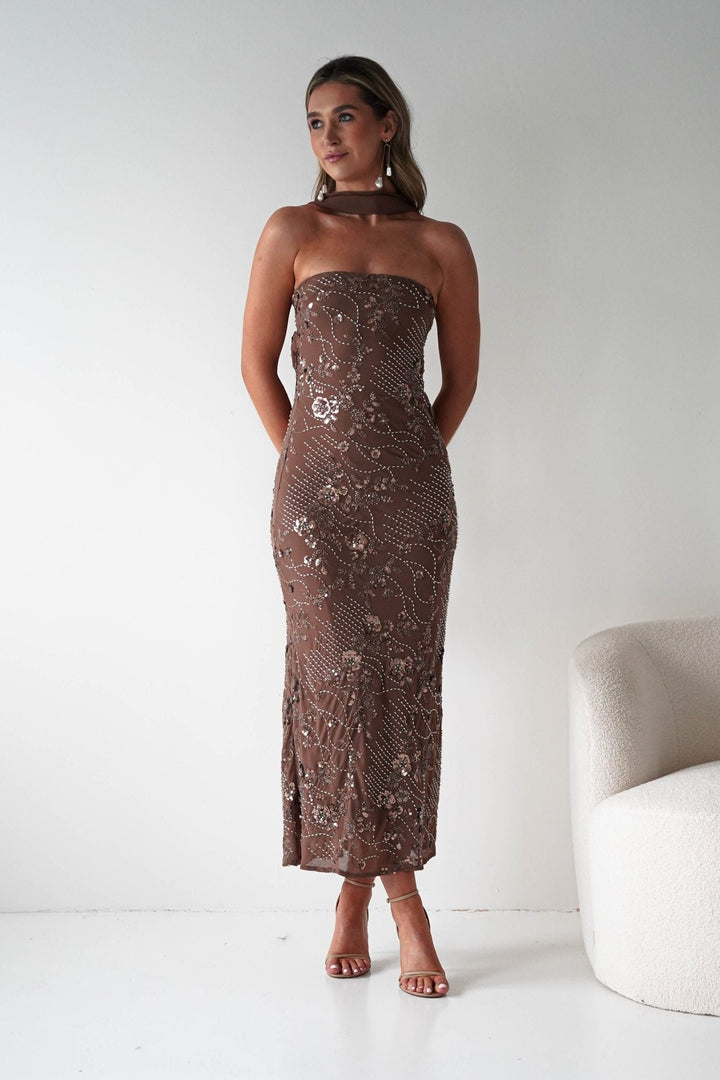 Hayleigh Beaded Strapless Maxi Dress | Brown