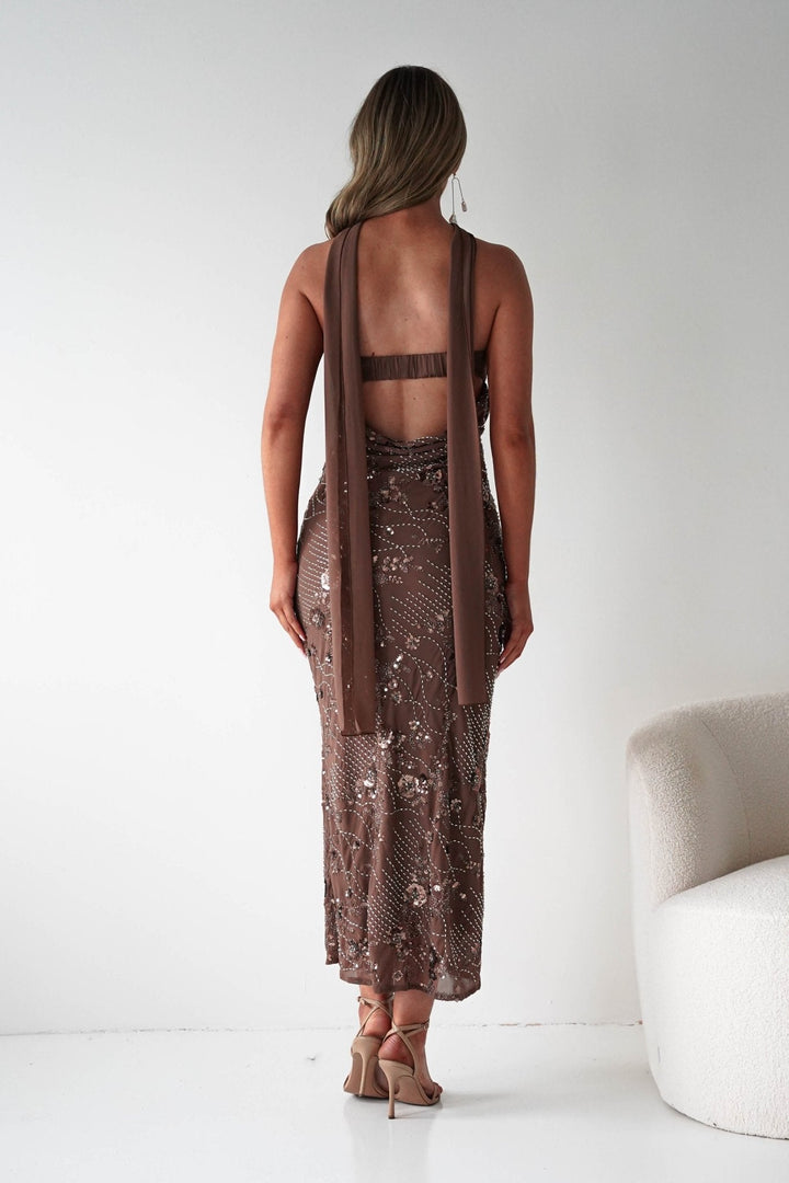 Hayleigh Beaded Strapless Maxi Dress | Brown